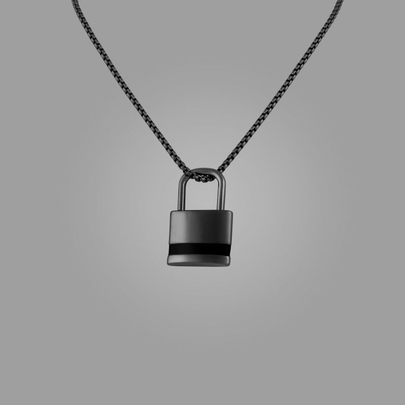 Black Lock Pendant Necklace for Men Bold Brass Chain by Black