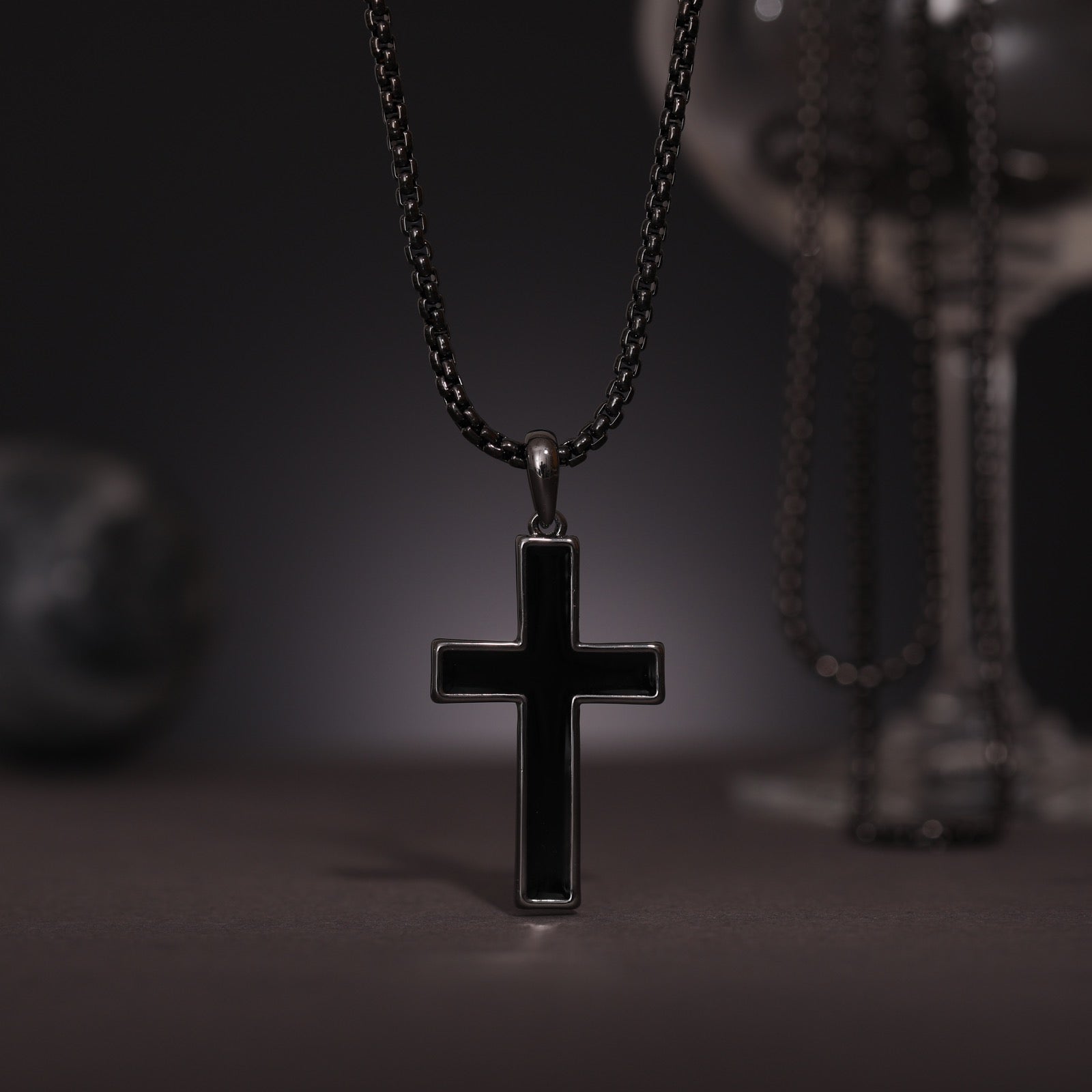 Black Cross Pendant Necklace for Men Stainless Steel Chain