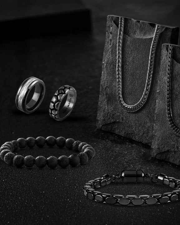 Jewelry set with rings and bracelets on a dark surface, promotional text for Rakhi sale.